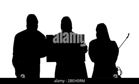 Silhouette Gruppo di epidemiologi in Holdin uniforme protettiva Foto Stock