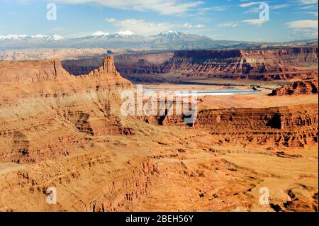 Dietro l'area di Rocks e le montagne LaSal, visto dal Dead Horse Point state Park, Utah. Foto Stock