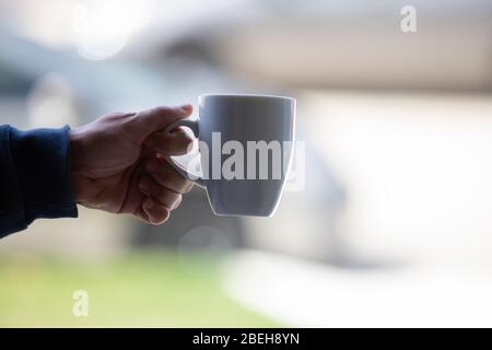 Mano che tiene una tazza di tè isolata contro uno sfondo fuori fuoco. Concetto per il tè o pausa caffè. Foto Stock