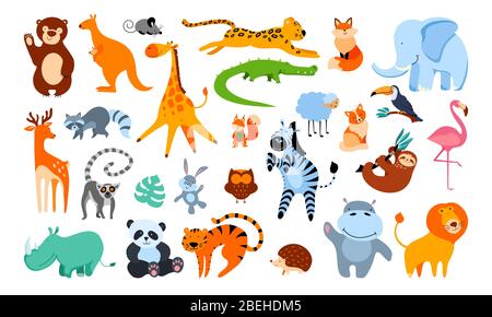Grande set di simpatici animali da cartoni animati isolati su sfondo bianco. Illustrazione vettoriale piatta. Illustrazione Vettoriale