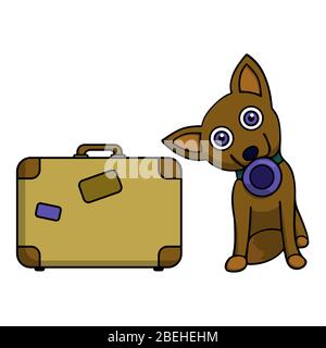 cane con una ciotola in bocca e una valigia seduta pronta per il viaggio e il check in un hotel di animali domestici. illustrazione vettoriale Illustrazione Vettoriale