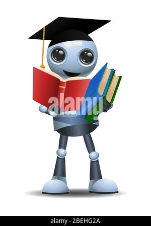 illustrazione 3d dell'apprendimento di piccoli robot da libri che rappresentano una laurea su sfondo bianco isolato Foto Stock