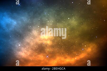 Sfondo spaziale con nebulosa gialla e blu. Universo realistico. Sfondo cosmico luminoso con un modo lattiginoso. Galassia con stelle brillanti. La magia della passione Illustrazione Vettoriale