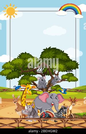 Disegno di modello di bordo con molti animali selvatici nell'illustrazione di sfondo Illustrazione Vettoriale