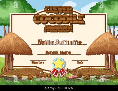 Modello certificato per il premio Crocodile intelligente con coccodrilli in illustrazione sfondo Illustrazione Vettoriale