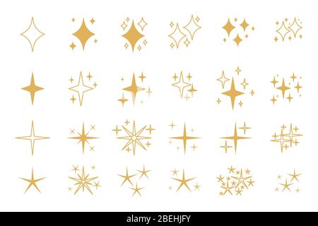 Set di icone dorate e gialle. Scintille decorative piatte e con contorni. Scintilla dima per un effetto luminoso, stella, esplosione fuochi d'artificio. Le forme diverse brillano. Isolato su illustrazione vettoriale bianca Illustrazione Vettoriale