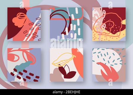 Set di sfondi quadrati. Modelli sfondo con forme e texture astratte floreali. Arte creativa contemporanea trendy doodle elementi organici con macchie, punti, linee. Illustrazione del vettore isolato Illustrazione Vettoriale
