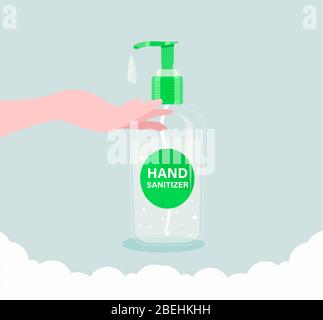 Concetto di disinfezione. Sapone liquido con pompaggio dal flacone. Applicazione di un igienizzante idratante. Mani lavate. Illustrazione Vettoriale