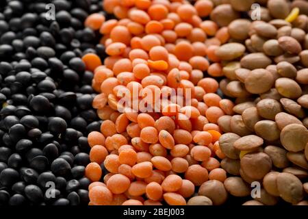 Diverse lenticchie assortite si mescolano con lenticchie rosse, marroni e nere beluga macro - fuoco selettivo Foto Stock