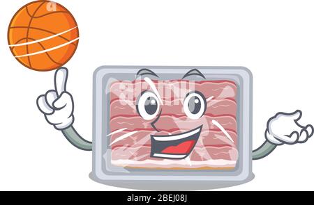 Splendido design mascotte con pancetta affumicata e basket Illustrazione Vettoriale