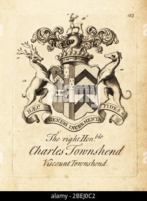 Stemma di destra onorabile Charles Townshend, 2 Viscount Townshend, 1674-1738. Incisione su copperplate di Andrew Johnston dopo C. Gardiner di Notitia anglicana, che cotta i successi di tutta la nobiltà inglese, Andrew Johnson, The Strand, London, 1724. Foto Stock