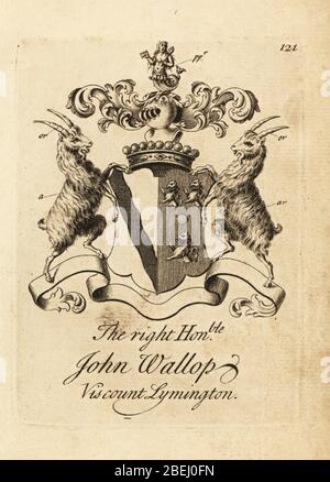 Stemma di destra onorabile John Wallop, Visconte Lymington, 1718-1749. Incisione su copperplate di Andrew Johnston dopo C. Gardiner di Notitia anglicana, che cotta i successi di tutta la nobiltà inglese, Andrew Johnson, The Strand, London, 1724. Foto Stock