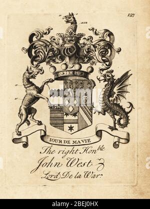 Stemma di destra onorabile John West, 1 ° conte De la Warr, Lord de la War, 1693-1766, Copperplate incisione di Andrew Johnston dopo C. Gardiner da Notitia anglicana, che brilla i successi di tutti i nobili inglesi, Andrew Johnson, The Strand, Londra, 1724. Foto Stock