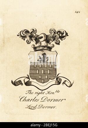 Stemma di destra onorevole Charles Dormer, Lord Dormer, 5° Barone Dormer, 1668–1728. Incisione su copperplate di Andrew Johnston dopo C. Gardiner di Notitia anglicana, che cotta i successi di tutta la nobiltà inglese, Andrew Johnson, The Strand, London, 1724. Foto Stock