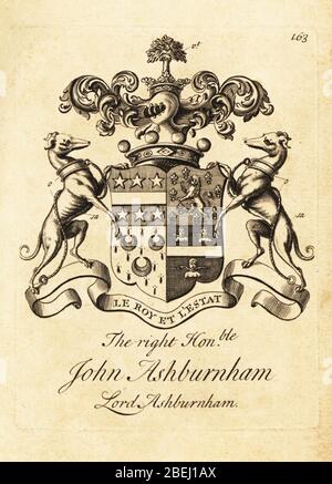 Stemma di destra onorario John Ashburnham, Signore Ashburnham, 1° conte di Ashburnham, 1687-1737. Incisione su copperplate di Andrew Johnston dopo C. Gardiner di Notitia anglicana, che cotta i successi di tutta la nobiltà inglese, Andrew Johnson, The Strand, London, 1724. Foto Stock