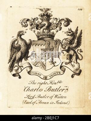 Stemma di destra onorabile tenente-generale Charles Butler, 1° conte di Arran, 3° duca di Ormonde, 1671-1758. (Charles Butler, Lord Butler di Weston, conte di Arran in Irlanda). Incisione su copperplate di Andrew Johnston dopo C. Gardiner di Notitia anglicana, che cotta i successi di tutta la nobiltà inglese, Andrew Johnson, The Strand, London, 1724. Foto Stock