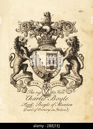 Stemma di destra onorabile Charles Boyle, Lord Boyle di Marston, IV conte di Orrery in Irlanda, 1674-1731. Incisione su copperplate di Andrew Johnston dopo C. Gardiner di Notitia anglicana, che cotta i successi di tutta la nobiltà inglese, Andrew Johnson, The Strand, London, 1724. Foto Stock