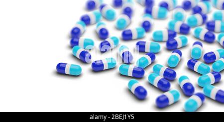 Capsule blu gruppo su sfondo bianco - medicina, industria farmaceutica o concetto sanitario, fuoco selettivo, illustrazione 3D Foto Stock