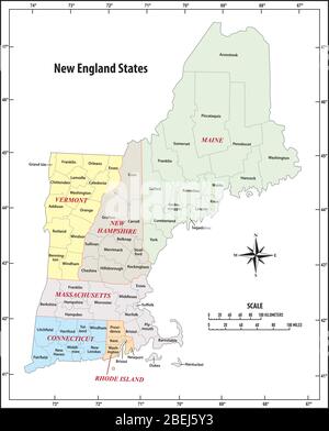 Mappa vettoriale amministrativa dei cinque stati del New England, Stati Uniti Illustrazione Vettoriale