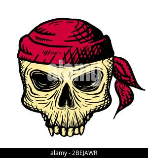 Cranio disegnato a mano di un uomo morto in una bandana rossa, su sfondo bianco. Illustrazione del vettore. Illustrazione Vettoriale