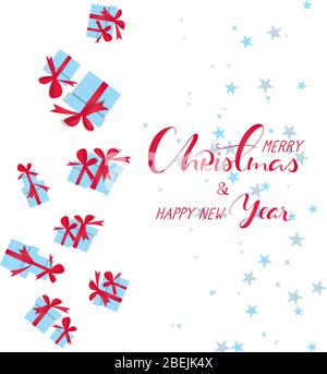 Natale presenta scatole. Lettere disegnate a mano buon Natale. Regali di Natale in stile papercut. Regali rossi con archi rossi e nastri. Allegro Illustrazione Vettoriale