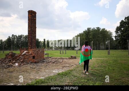 Auschwitz, Polonia - 02 agosto 2019: Commemorazione europea dell'Olocausto Rom-75° anniversario della liquidazione di Zigenerlager a KL Auschwitz-Birkenau Foto Stock