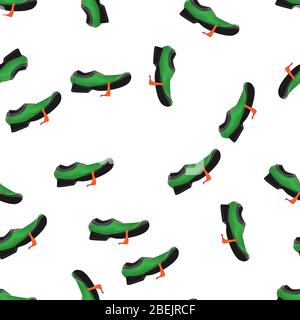 Modello senza cuciture con divertenti scarpe verdi da cartoon. Scarpe vivaci con una lunga lingua. Le scarpe sono un cane. Illustrazione Vettoriale