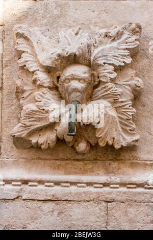 Incredibile fontana Onofriana gargoyle con beccuccio d'acqua dalla bocca la città vecchia di Dubrovnik Croazia acqua che scorre giù Foto Stock