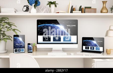 configurazione per l'ufficio domestico con rendering 3d dei dispositivi reattivi Foto Stock