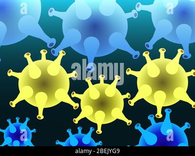 Schema illustrativo e background del virus. Illustrazione del concetto di sanità e scienza medica. Colonia di microrganismi colorati su sfondo scuro Illustrazione Vettoriale