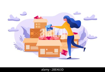 La donna tiene un messaggio importante e cercando di inviare con l'aiuto della società postale. Illustrazione Vettoriale