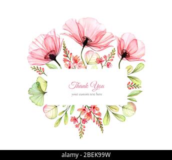Acquerello floreale disposizione. Bouquet con fiori di campo, papavero, foglie. Telaio rettangolare. Modello di scheda di ringraziamento con luogo per il testo personalizzato Foto Stock