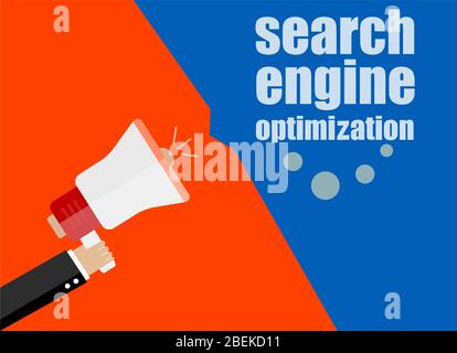 SEO ottimizzazione dei motori di ricerca. Design piatto concetto aziendale digital marketing business man holding megafono per il sito web e la promozione di banner. Foto Stock