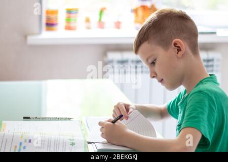 Formazione online a distanza. Scolaretto che studia a casa e fa i compiti scolastici. Sedia con libri di addestramento Foto Stock