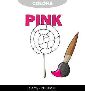 Impara i colori - rosa. Lollipop nero e bianco con cartoni animati a mano libera - libro da colorare. Illustrazione Vettoriale