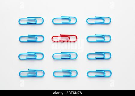 La graffetta rossa si distingue dalla folla tra le graffette blu. Foto Stock