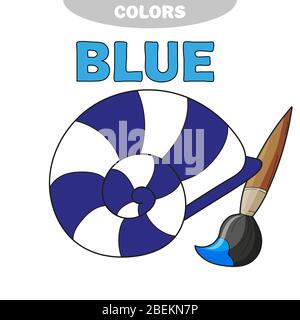Impara i colori - blu. Pagina da colorare conchiglia. Illustrazione vettoriale in bianco e nero. Illustrazione Vettoriale