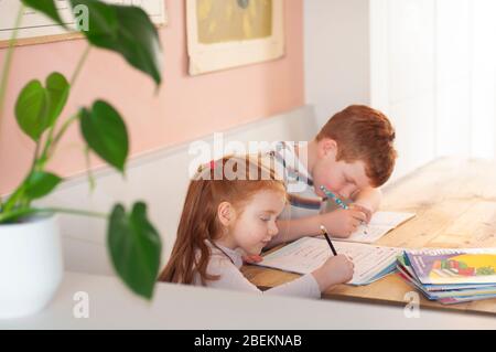 Pre-teen ragazzo e ragazza giovane (fratello e sorella)l concentrarsi sul loro lavoro scolastico durante homeschooling a causa del blocco coronavirus Foto Stock