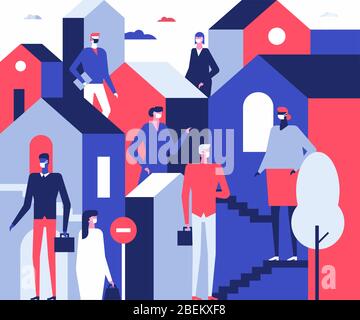 Persone in maschere facciali - disegno piatto stile illustrazione Illustrazione Vettoriale