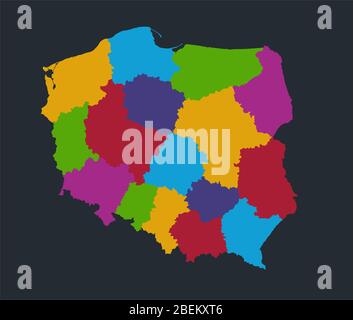 Infografica Polonia mappa, disegno appartamento colori, divisione amministrativa individuale, sfondo blu vuoto Foto Stock