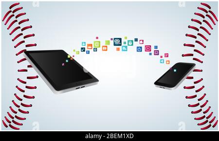 trasferimento dati da un dispositivo elettronico a un altro su sfondo con texture di base Foto Stock