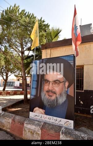 Fotografia del Segretario generale di Hezbollah Sayyed Hassan Nasrallah, all'interno del Centro di detenzione di Khiam, Khiam, Libano meridionale. Foto Stock