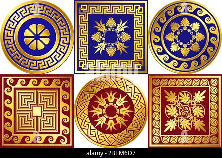 Set di tradizionale vintage Golden Square e ornamento greco rotondo, Meander e motivi floreali su sfondo rosso e blu. Illustrazione Vettoriale