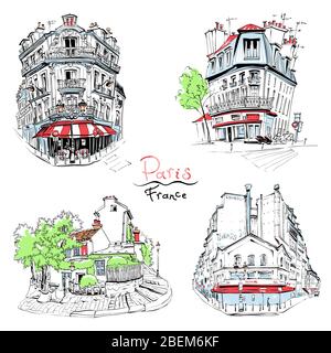 Set di disegni manuali vettoriali. Tipica casa parisain con caffè e lanterne, Parigi, Francia. Illustrazione Vettoriale