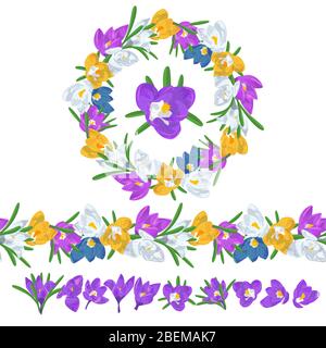 Mano disegnata colorful croco fiori corona circolare e pennello senza cuciture. Elemento di design floreale. Isolato su sfondo bianco. Illustrazione vettoriale Illustrazione Vettoriale