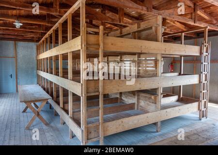 Letti a castello all'interno dell'edificio della baracca (sia l'edificio che i letti ricostruiti) all'interno dell'ex campo di concentramento nazista di Dachau, Monaco, Germania. Foto Stock