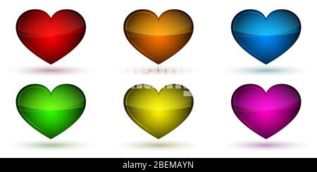 Icona a forma di cuore. Forme colorate del cuore isolate. Set di cuori lucidi luminosi. Illustrazione vettoriale. Illustrazione Vettoriale