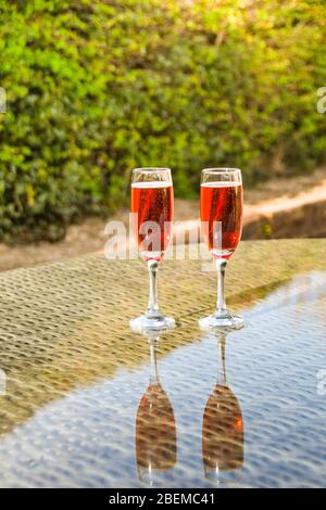 Champagne rosa in due bicchieri di flauto affiancati su un tavolo di vetro in un giardino Foto Stock