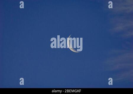 Un sottile nastro di luna argentata adagiato su un'distesa di un cielo blu parzialmente nuvoloso. Foto Stock