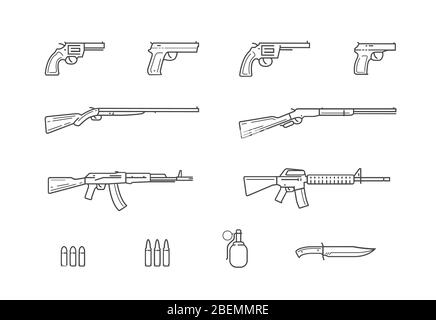 Icone di armi e set di armi. Illustrazione vettoriale delle armi da fuoco Illustrazione Vettoriale